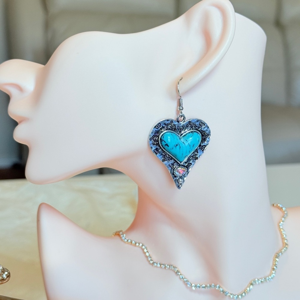 Western Silver Heart Earrings with Turquoise - Picture 6 of 11